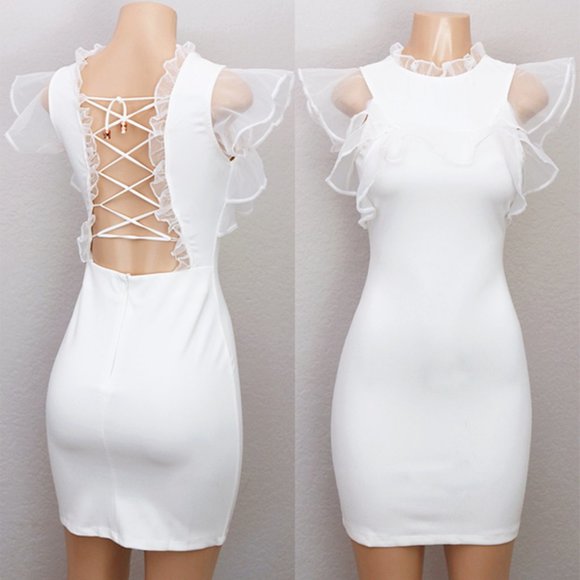 Dygarni California Dresses & Skirts - White Sheer Organza Ruffle Laced Up Backless Dress